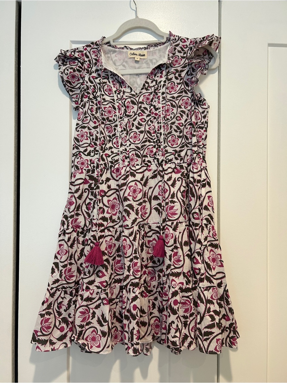 CELINA MOON White Dress with Pink & Black Floral Motif